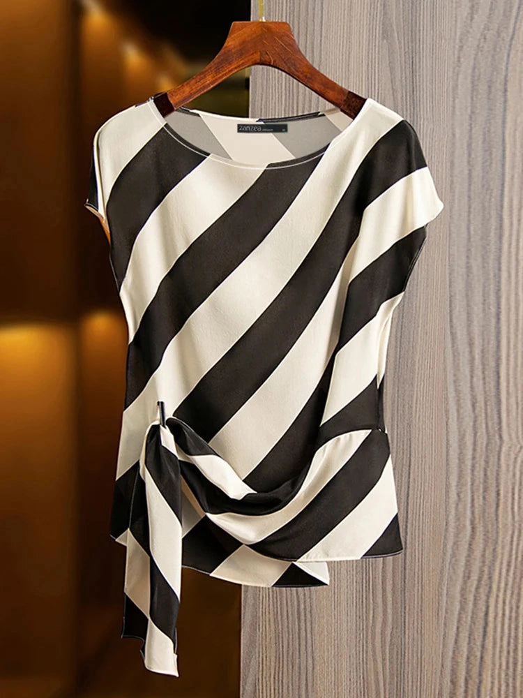 Korean Striped Printed Short Sleeve Blouse for Summer Casual Loose Fit Tunic Top for Women Ladies Office Wear
