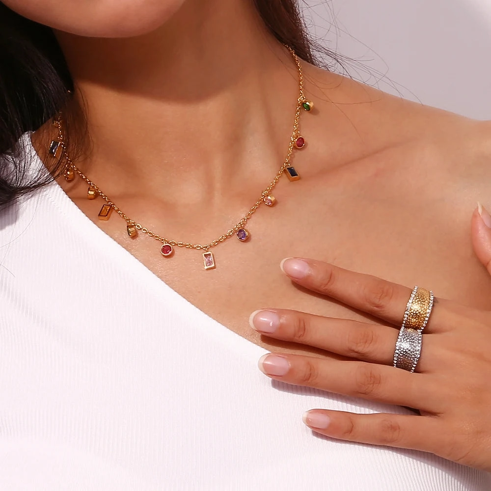 La. Muses Colored Cubic Zirconia Bead Chain Necklace Fashion Jewelry