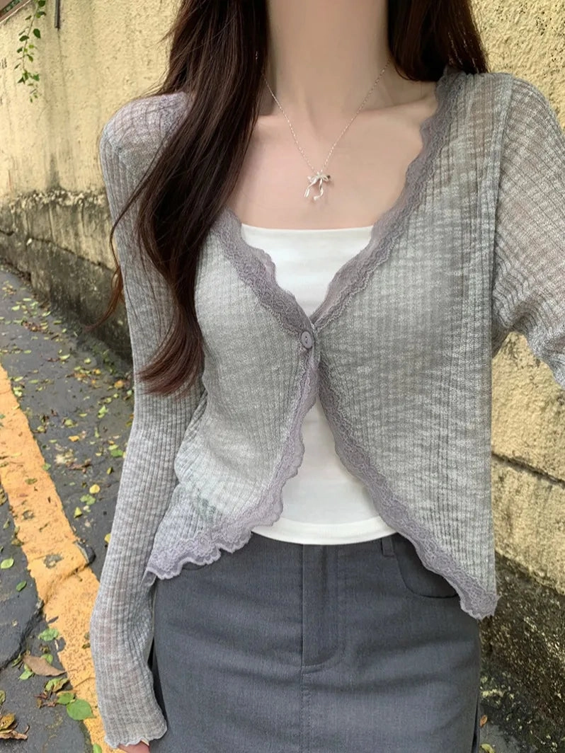 Lace Trim One Button Long Sleeve Crop Top Women Cardigan Sweater for Summer Fairycore Style