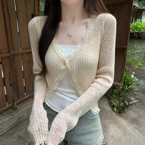 Lace Trim One Button Long Sleeve Crop Top Women Cardigan Sweater for Summer Fairycore Style