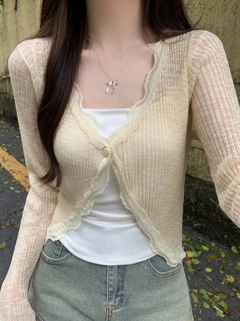 Lace Trim One Button Long Sleeve Crop Top Women Cardigan Sweater for Summer Fairycore Style