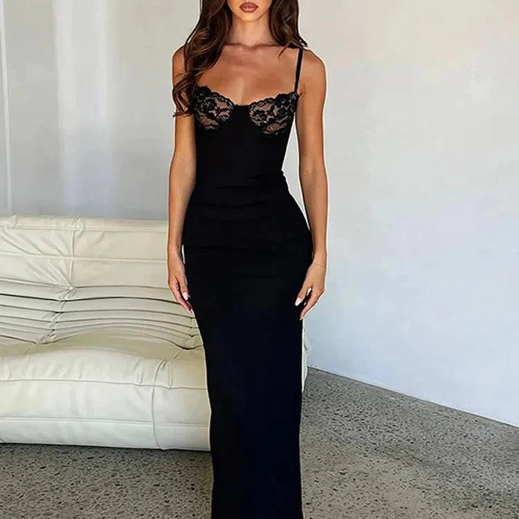 Lace Trim Sexy Backless Maxi Y2K Dress for Women