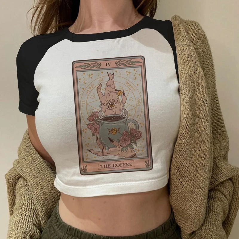 Lady Fashion Women Short Sleeve Summer Harajuku Crop Top Tshirt Female Tarot Print Casual Aesthetic Tee for Effortless Style
