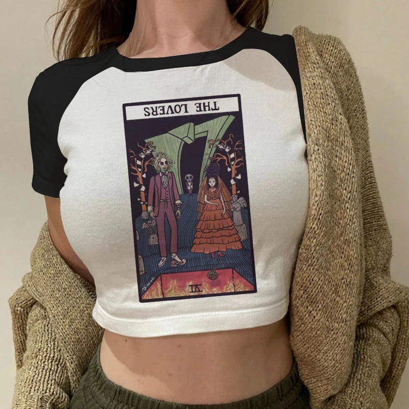 Lady Fashion Women Short Sleeve Summer Harajuku Crop Top Tshirt Female Tarot Print Casual Aesthetic Tee for Effortless Style