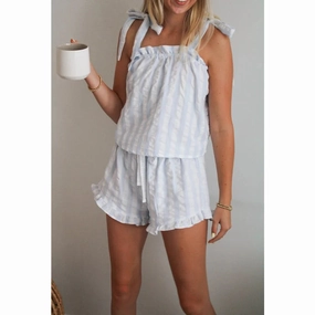 Lamuusaa Y2K Pajamas Set Women Summer Striped Ruffle Trim Sleeveless Tank Tops Drawstring Shorts Loungewear
