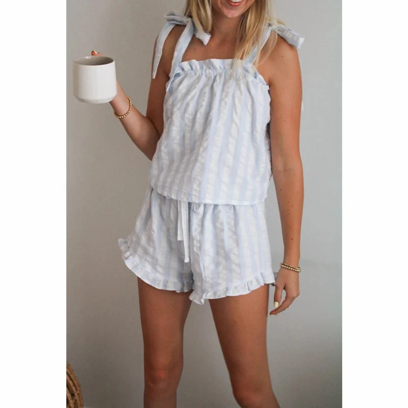 Lamuusaa Y2K Pajamas Set Women Summer Striped Ruffle Trim Sleeveless Tank Tops Drawstring Shorts Loungewear