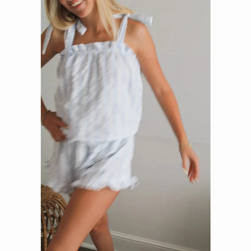 Lamuusaa Y2K Pajamas Set Women Summer Striped Ruffle Trim Sleeveless Tank Tops Drawstring Shorts Loungewear