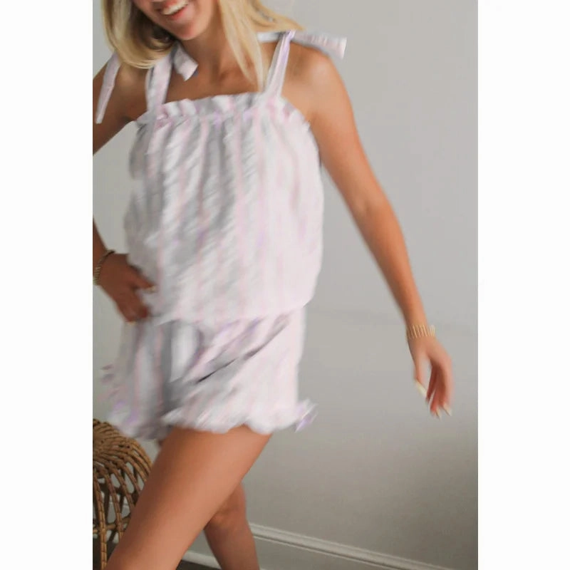 Lamuusaa Y2K Pajamas Set Women Summer Striped Ruffle Trim Sleeveless Tank Tops Drawstring Shorts Loungewear