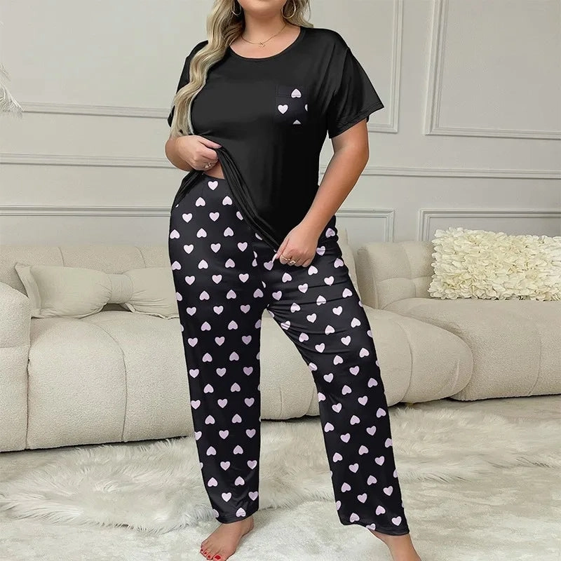 Large Size Sexy Women Sleepwear Milk Silk Love Print Loungewear 2 Piece Set Short-Sleeved Trousers for Comfortable Home Relaxation