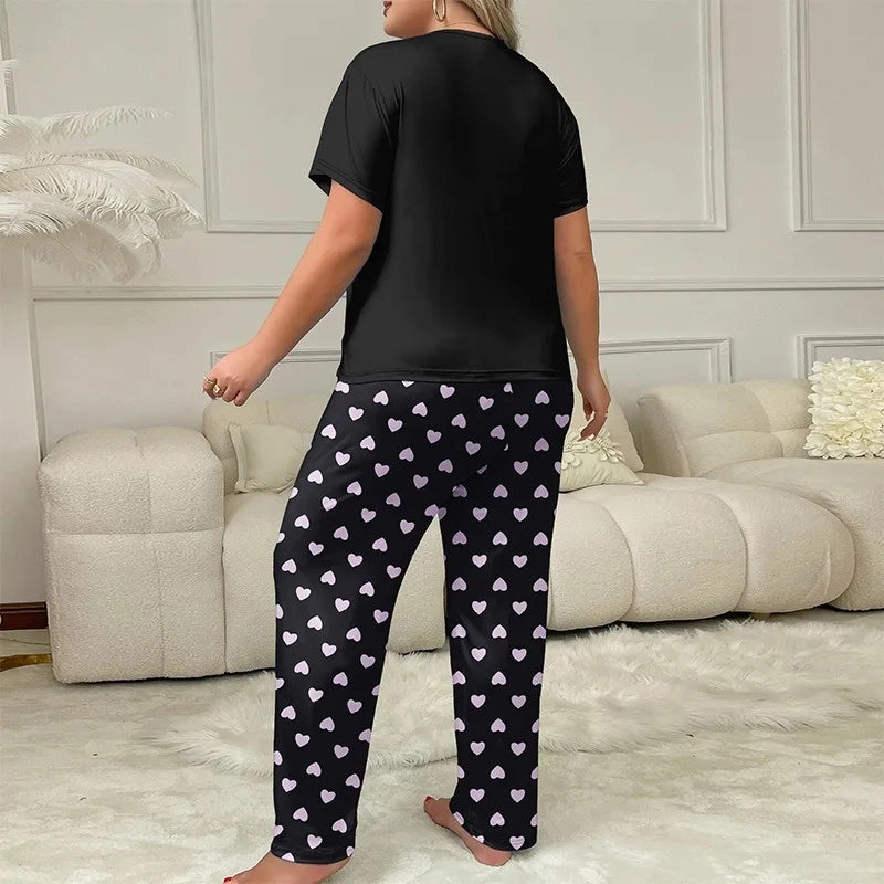 Large Size Sexy Women Sleepwear Milk Silk Love Print Loungewear 2 Piece Set Short-Sleeved Trousers for Comfortable Home Relaxation