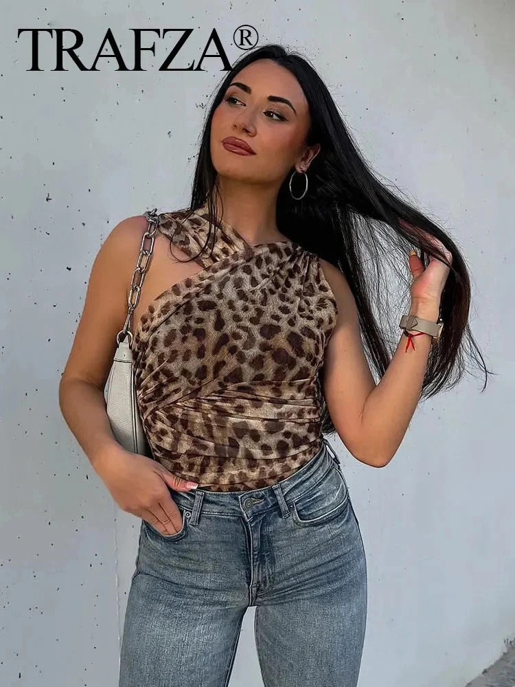 Leopard Print Backless Jumpsuit Women Tulle Slim Halter Summer Beach Playsuit