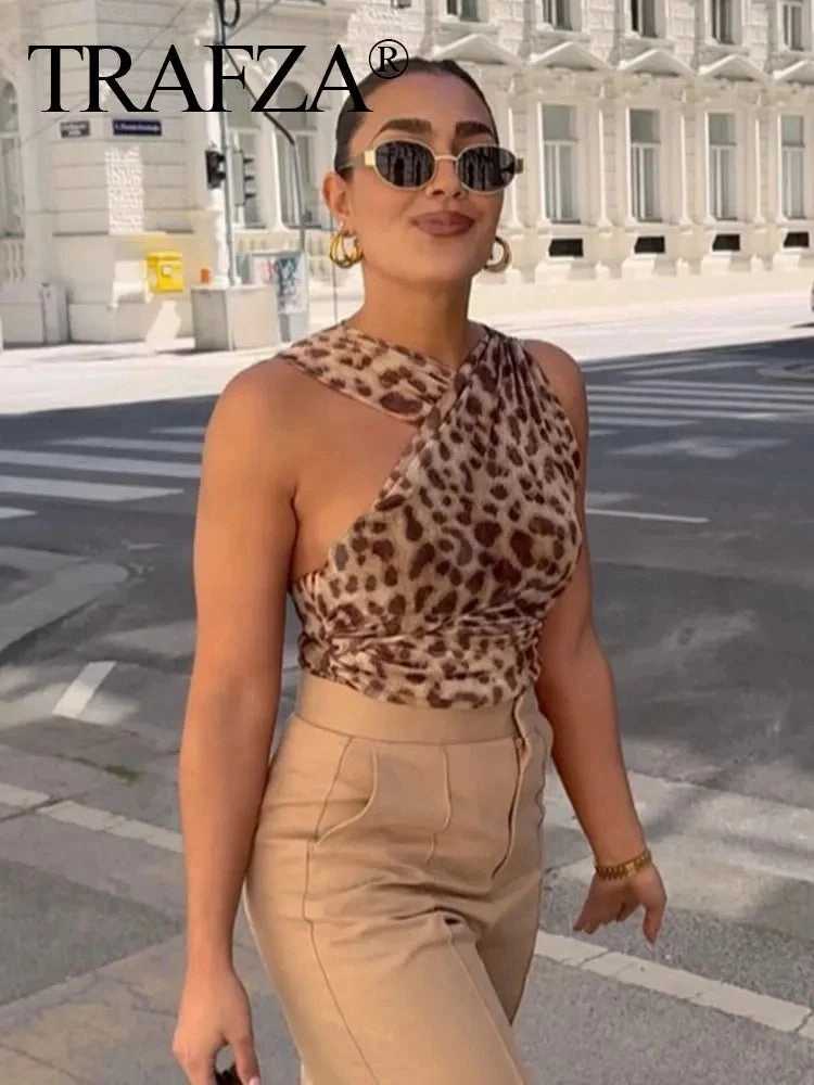 Leopard Print Backless Jumpsuit Women Tulle Slim Halter Summer Beach Playsuit