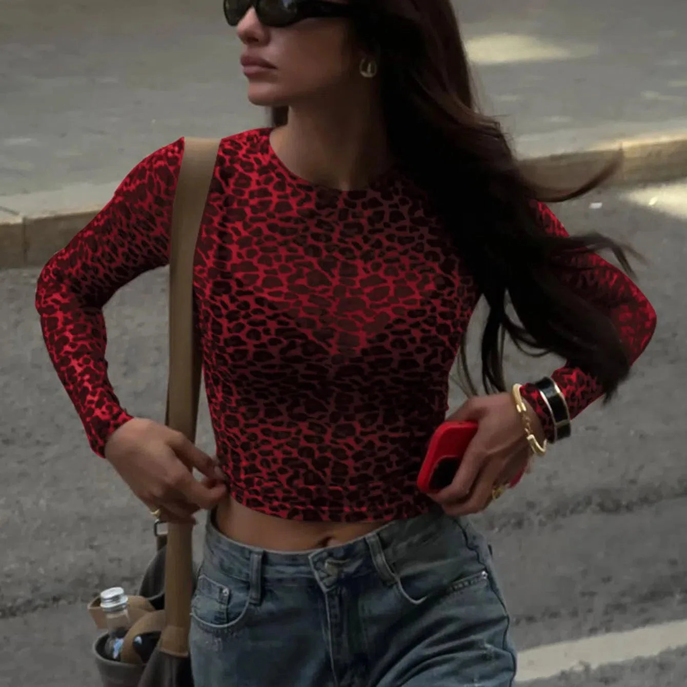 Leopard Print Mesh Long Sleeve Bodycon Top for Women - Sexy Y2K Clubwear and Nightout Essential
