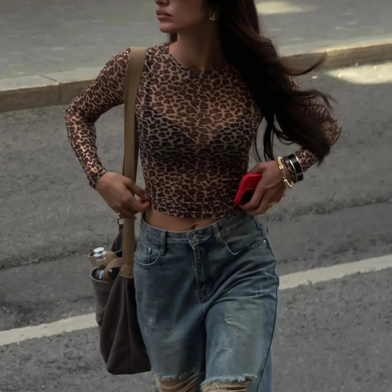 Leopard Print Mesh Long Sleeve Bodycon Top for Women - Sexy Y2K Clubwear and Nightout Essential