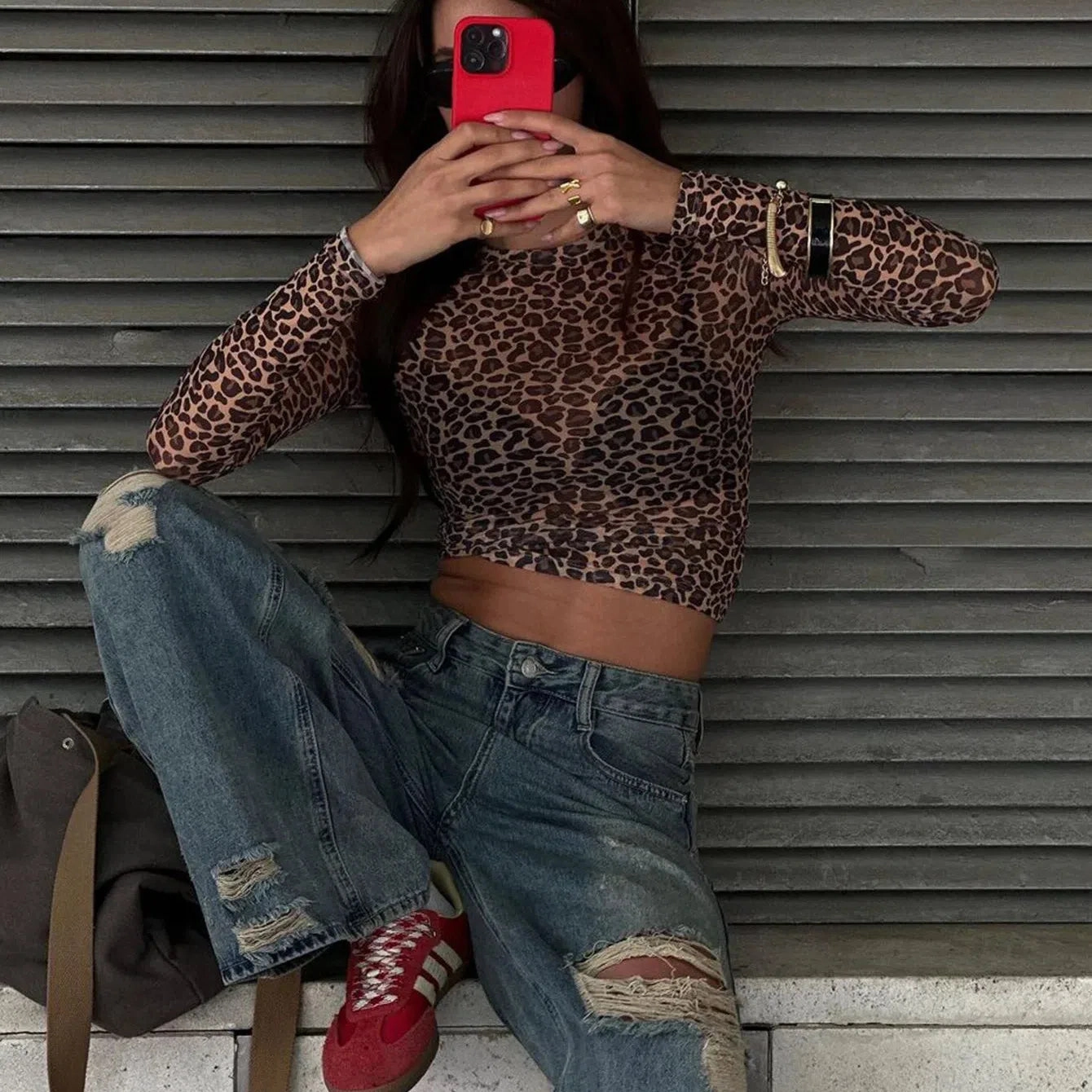 Leopard Print Mesh Long Sleeve Bodycon Top for Women - Sexy Y2K Clubwear and Nightout Essential