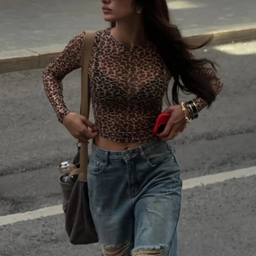 Leopard Print Mesh Long Sleeve Bodycon Top for Women - Sexy Y2K Clubwear and Nightout Essential