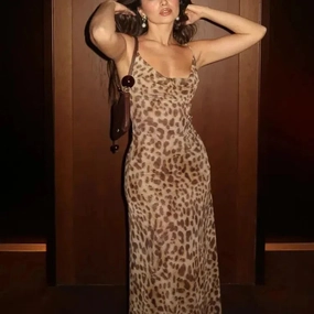 Leopard Print Sleeveless Backless Summer Dress for Women