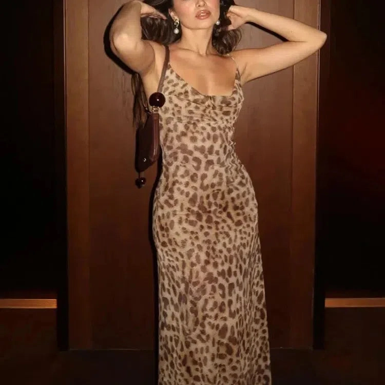 Leopard Print Sleeveless Backless Summer Dress for Women