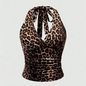 Leopard Print V-Neck Backless Halter Crop Top for Women Summer Sexy Y2K Sleeveless Ruched Streetwear