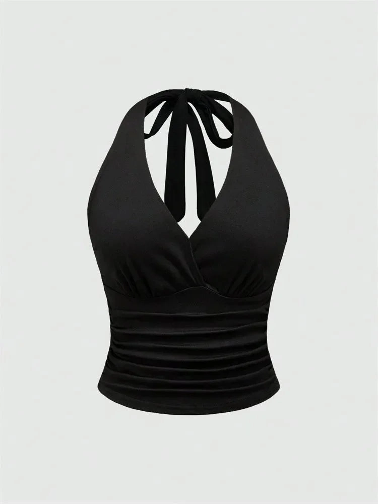 Leopard Print V-Neck Backless Halter Crop Top for Women Summer Sexy Y2K Sleeveless Ruched Streetwear
