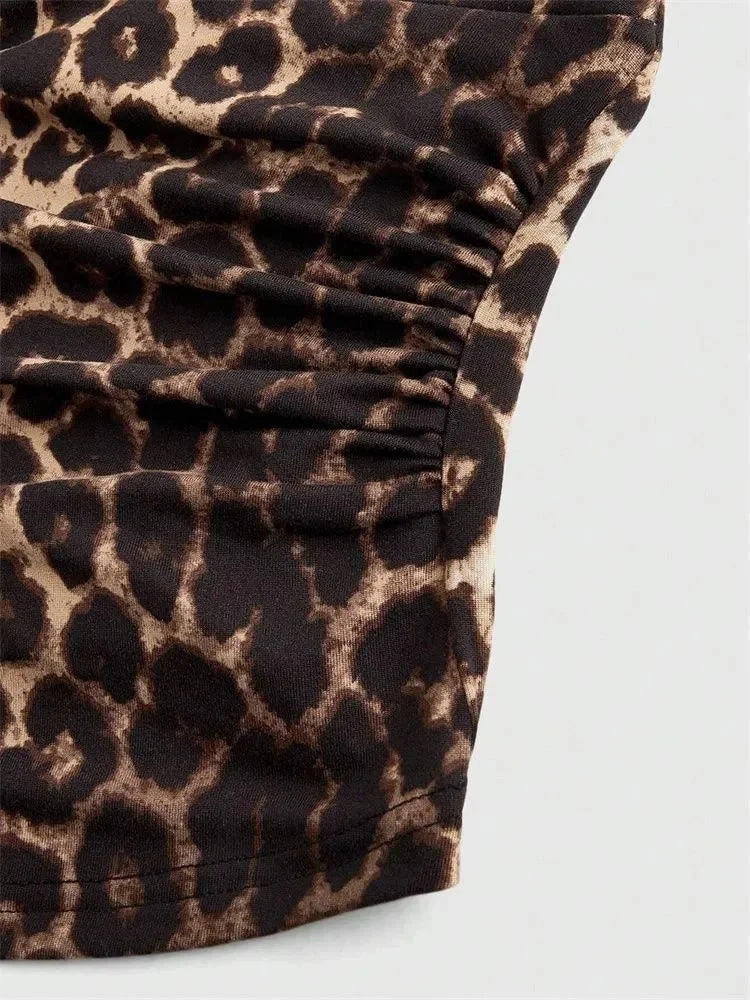 Leopard Print V-Neck Backless Halter Crop Top for Women Summer Sexy Y2K Sleeveless Ruched Streetwear