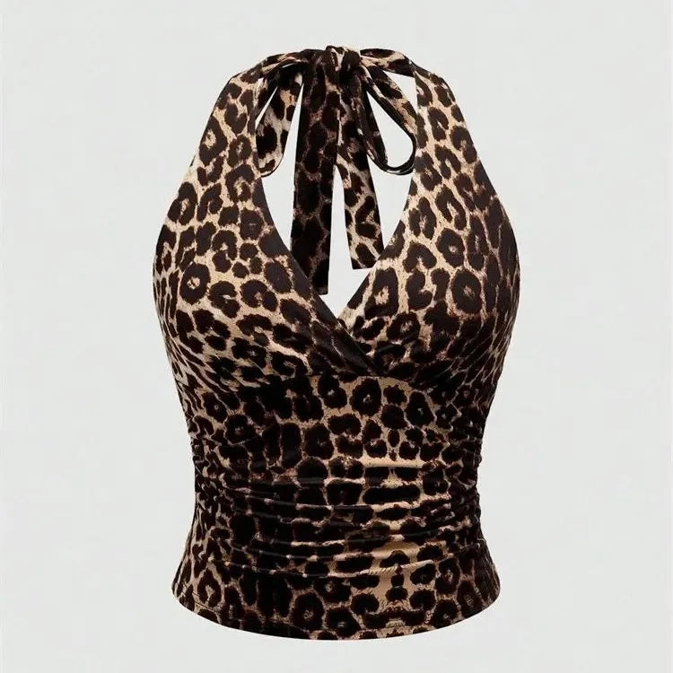 Leopard Print V-Neck Backless Halter Crop Top for Women Summer Sexy Y2K Sleeveless Ruched Streetwear