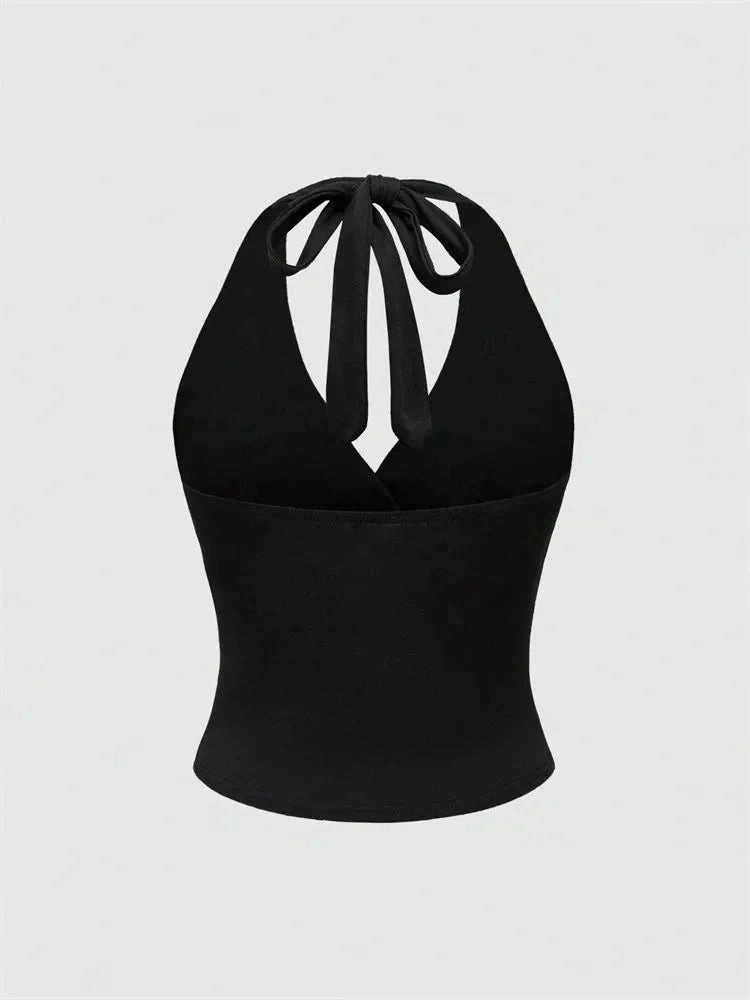 Leopard Print V-Neck Backless Halter Crop Top for Women Summer Sexy Y2K Sleeveless Ruched Streetwear