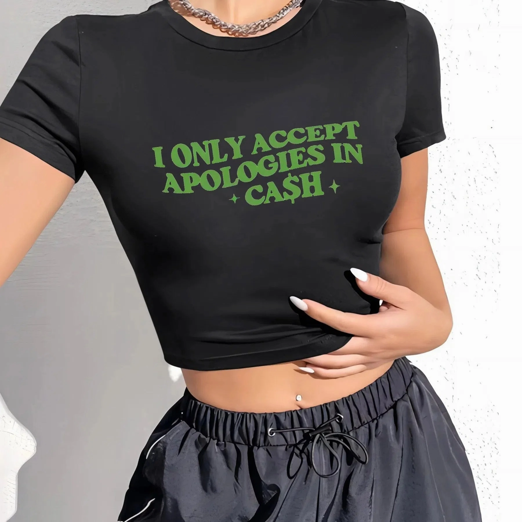 Letter Print T-shirt, Casual Crew Neck Short Sleeve Crop Top for Spring & Summer, Women's Clothing