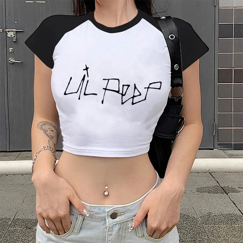 Lil Peep Inspired Hip-Hop Graphic Tee for Women ?C Chic Casual Short Sleeve Crop Top with Letter Print, Perfect for Summer Fun