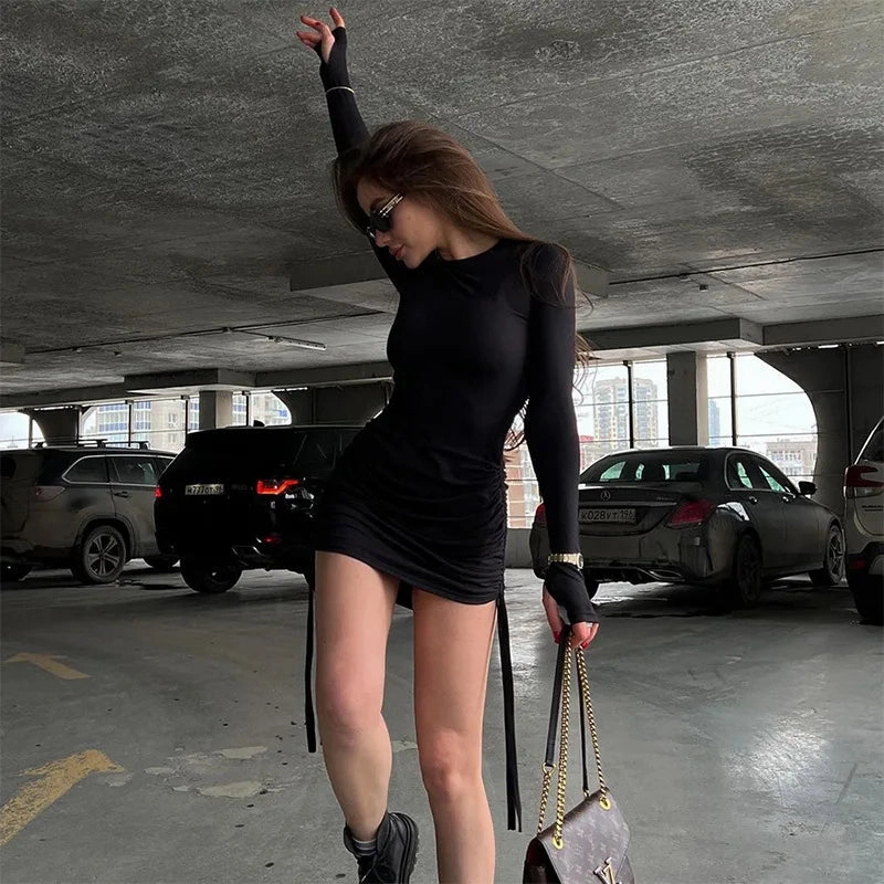 Long Sleeve Black Drawstring Bodycon Mini Dress for Women