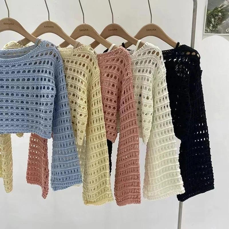 Long Sleeve Crochet Knit Top Summer Beach Cover Up Blouse