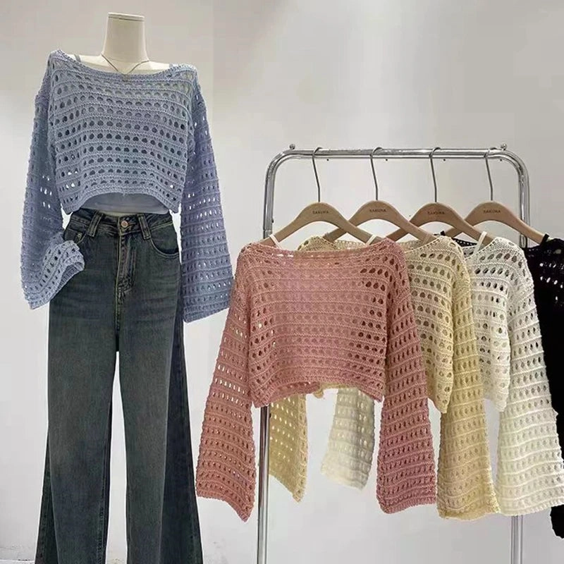 Long Sleeve Crochet Knit Top Summer Beach Cover Up Blouse