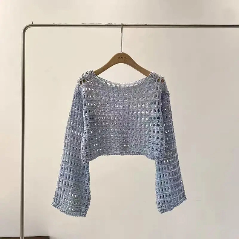 Long Sleeve Crochet Knit Top Summer Beach Cover Up Blouse