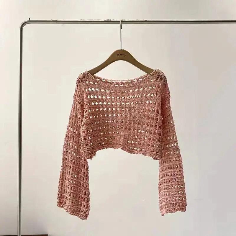 Long Sleeve Crochet Knit Top Summer Beach Cover Up Blouse