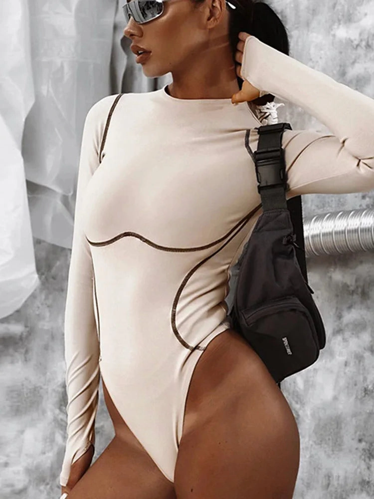 Long Sleeve Striped Line Patchwork Bodycon Playsuit for Women