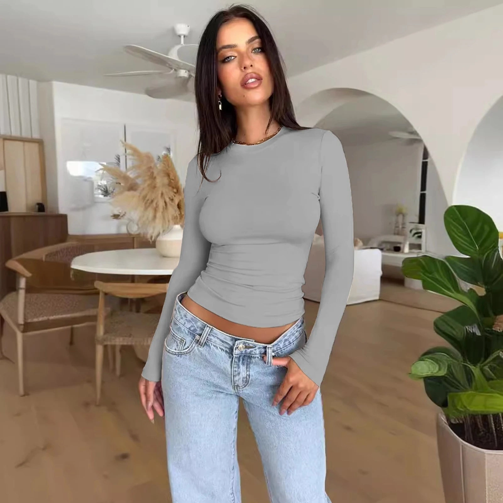 Long Sleeve T Shirt Women Autumn Winter Y2k Crop Top Casual Slim Fit Pullovers Solid O Neck T-shirts Streetwear Female Basic Tee