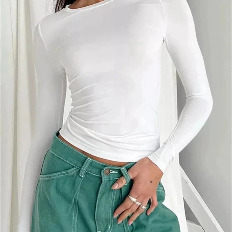 Long Sleeve T Shirt Women Autumn Winter Y2k Crop Top Casual Slim Fit Pullovers Solid O Neck T-shirts Streetwear Female Basic Tee