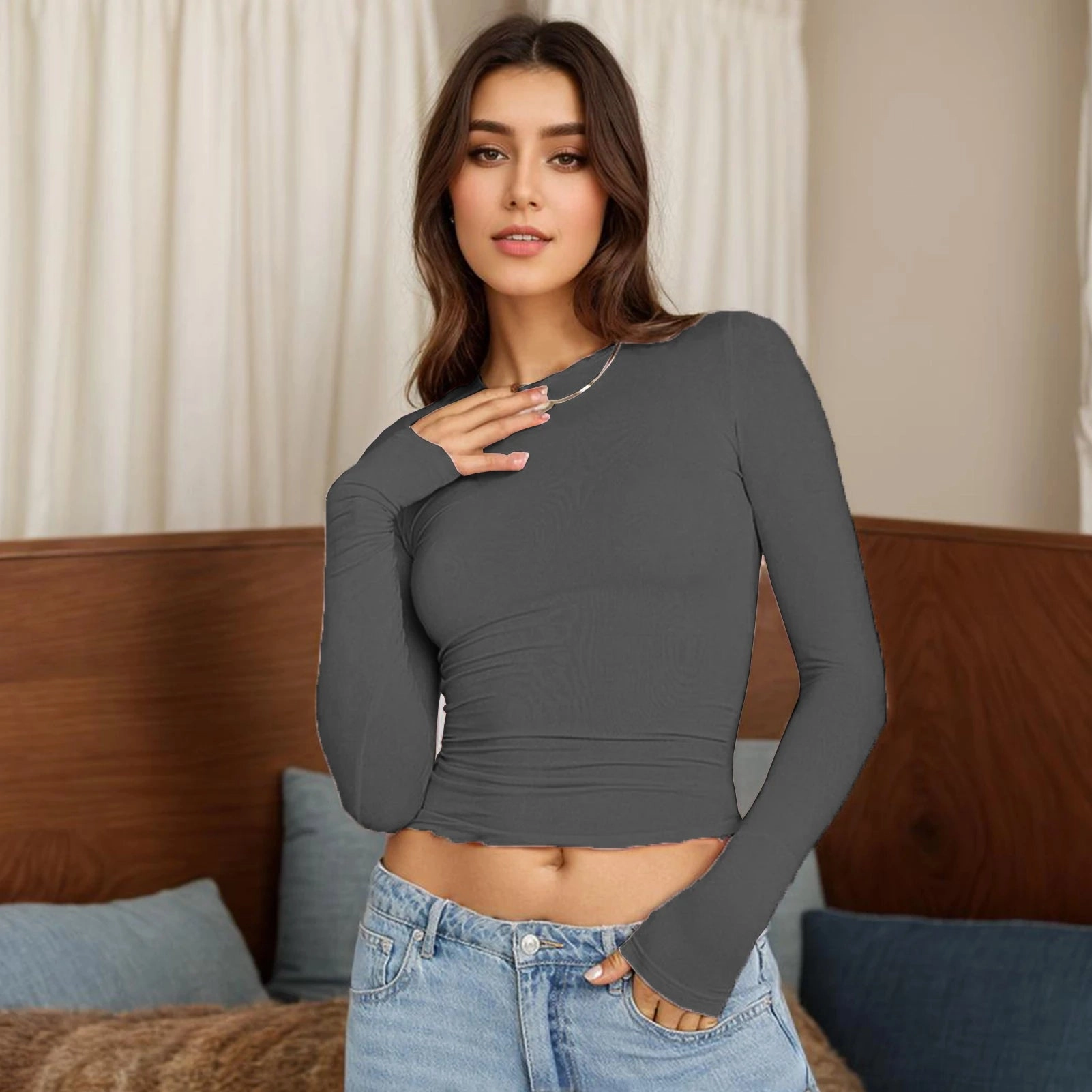 Long Sleeve T Shirt Women Autumn Winter Y2k Crop Top Casual Slim Fit Pullovers Solid O Neck T-shirts Streetwear Female Basic Tee