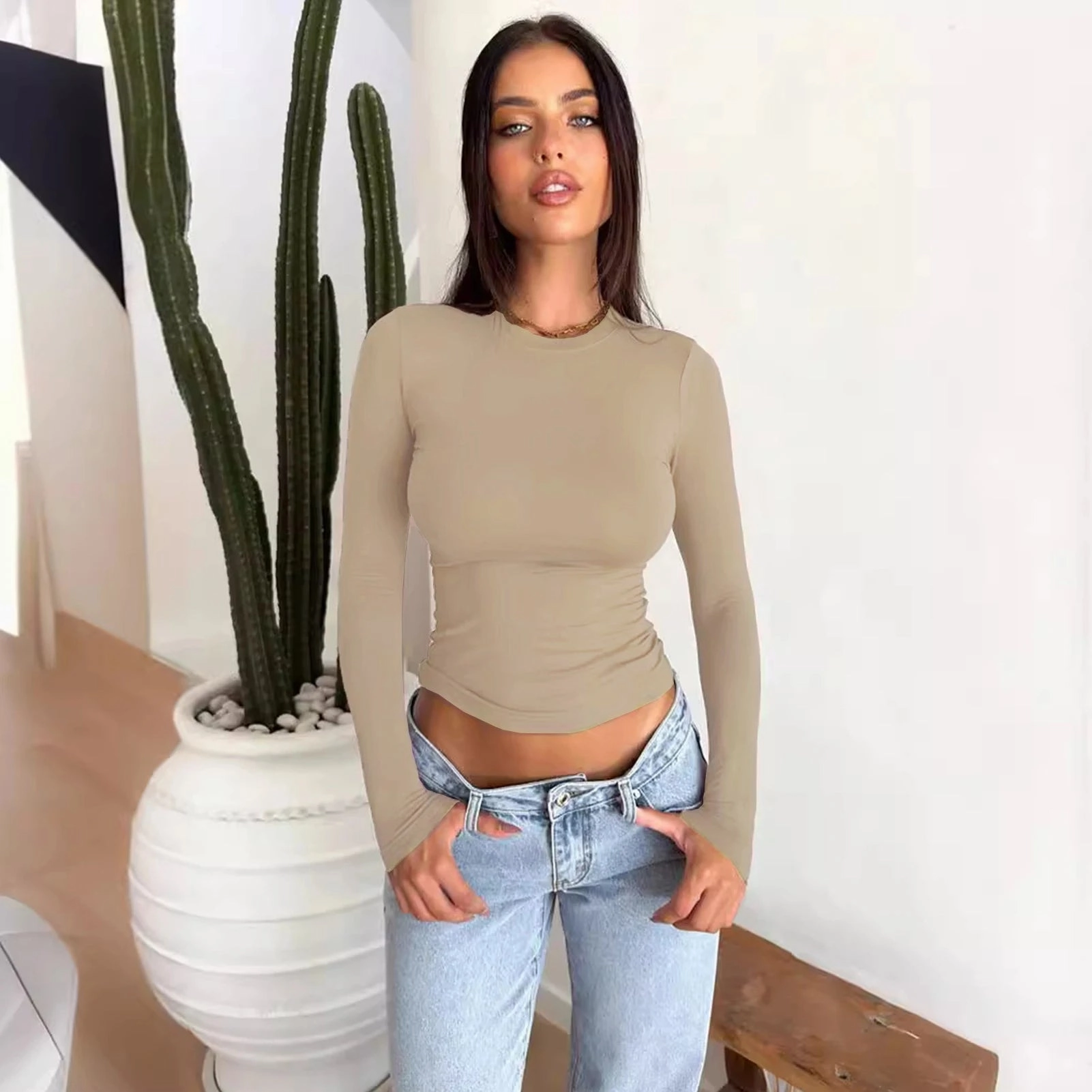 Long Sleeve T Shirt Women Autumn Winter Y2k Crop Top Casual Slim Fit Pullovers Solid O Neck T-shirts Streetwear Female Basic Tee