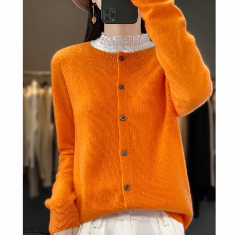 Long-Sleeved Women's Sweater Cashmere Knitted 100% Pure Merino Wool O-Neck Cardigan for Autumn and Winter