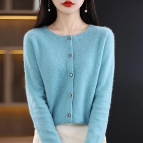 Long-Sleeved Women's Sweater Cashmere Knitted 100% Pure Merino Wool O-Neck Cardigan for Autumn and Winter