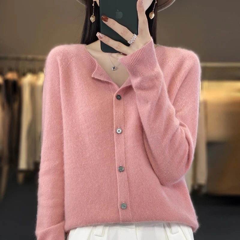 Long-Sleeved Women's Sweater Cashmere Knitted 100% Pure Merino Wool O-Neck Cardigan for Autumn and Winter