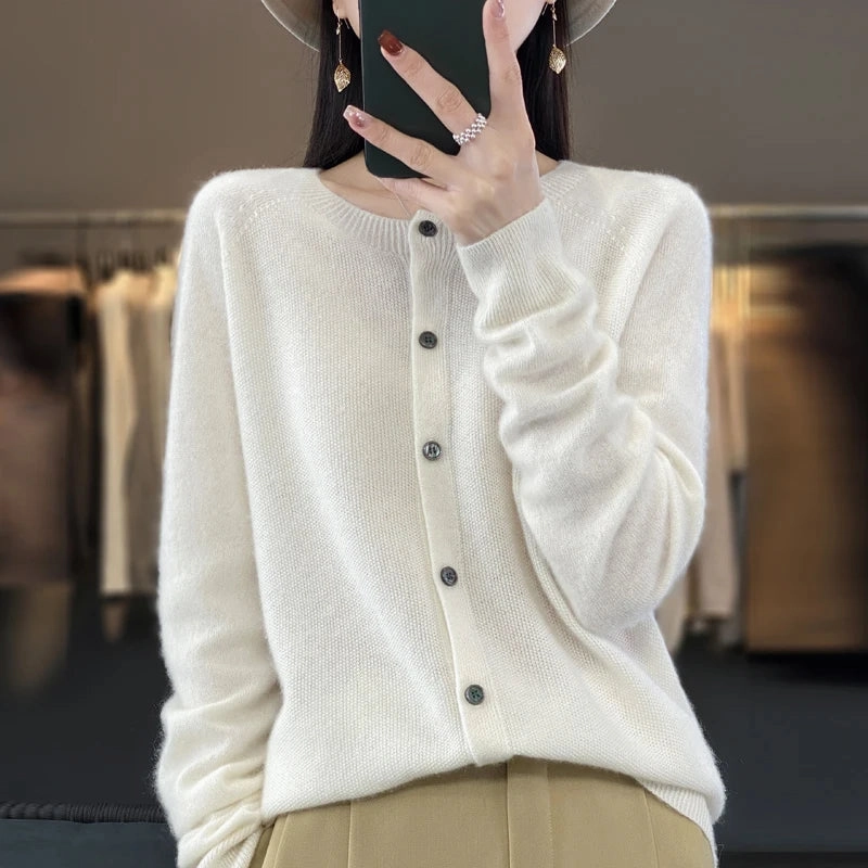 Long-Sleeved Women's Sweater Cashmere Knitted 100% Pure Merino Wool O-Neck Cardigan for Autumn and Winter