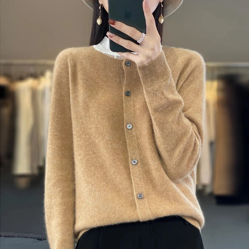 Long-Sleeved Women's Sweater Cashmere Knitted 100% Pure Merino Wool O-Neck Cardigan for Autumn and Winter