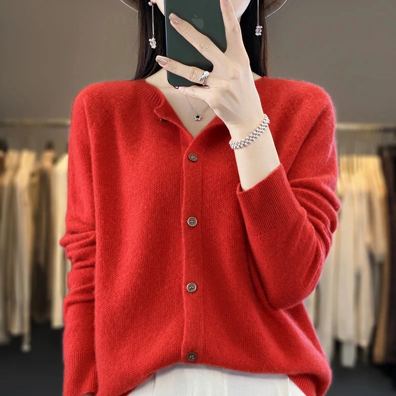Long-Sleeved Women's Sweater Cashmere Knitted 100% Pure Merino Wool O-Neck Cardigan for Autumn and Winter