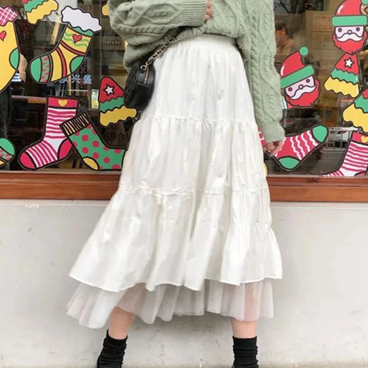 Long Tulle Midi Skirts Womens Autumn Elastic High Waist Tutu