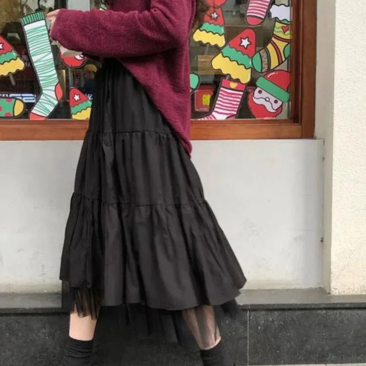 Long Tulle Midi Skirts Womens Autumn Elastic High Waist Tutu