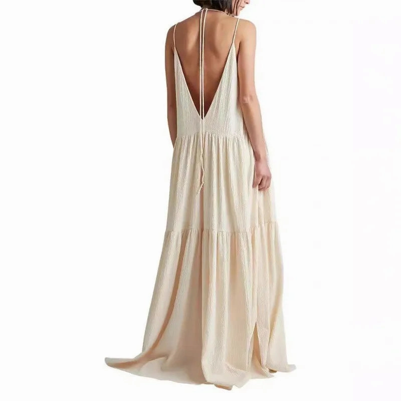 Loose Fit Long A-line Maxi Dress V Neck Backless Resort Wear for Stylish Women