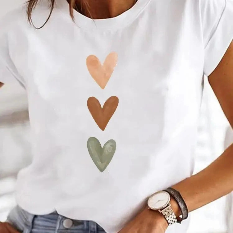 Love Heart Print Women Summer T Shirt Casual O Neck Tee for Girls 90s Y2K Fashion Short Sleeve Top