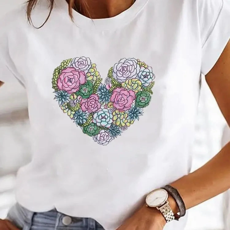 Love Heart Print Women Summer T Shirt Casual O Neck Tee for Girls 90s Y2K Fashion Short Sleeve Top